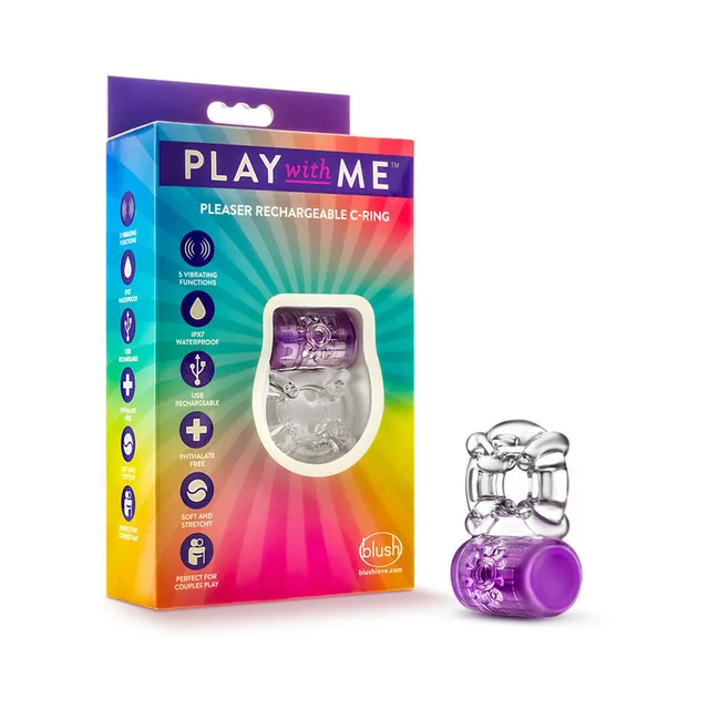 Purple Play with Me Pleaser C-ring beside rainbow retail box