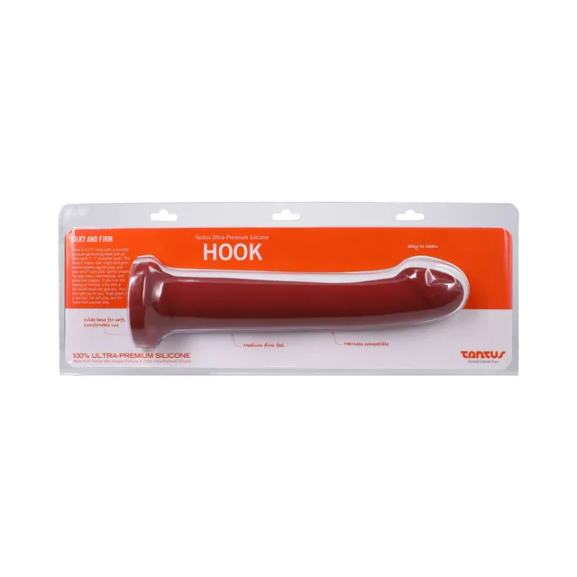Tantus Hook ruby red dildo in clear retail package