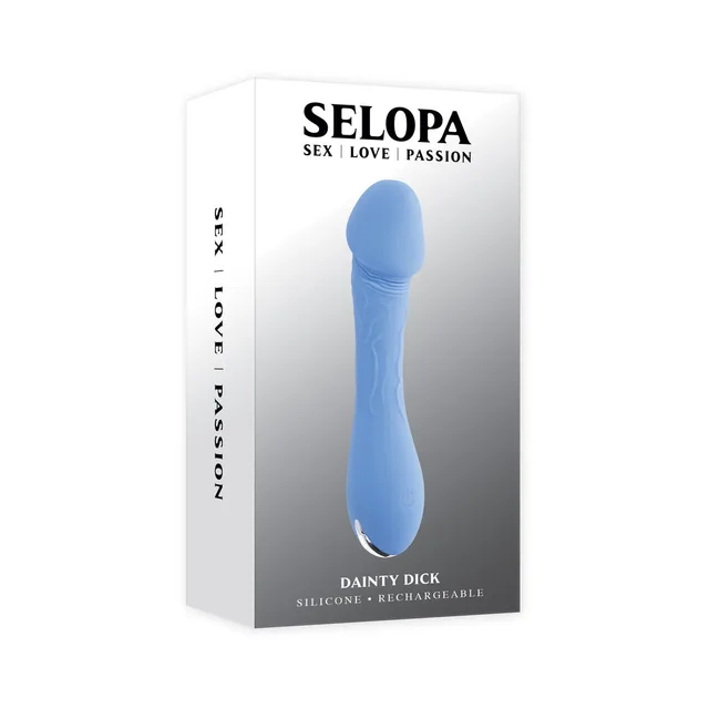 Selopa Dainty Dick blue vibrator in tall white retail box