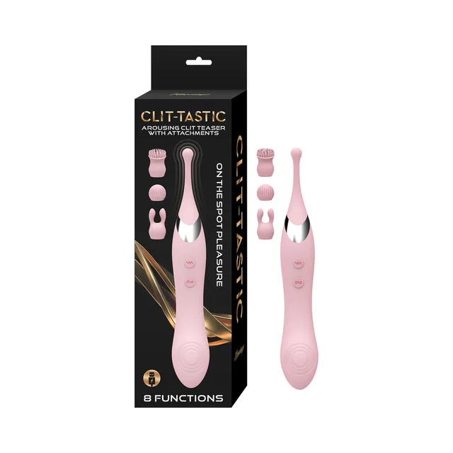 Pink dual-ended Clit-Tastic teaser with four attachments and box