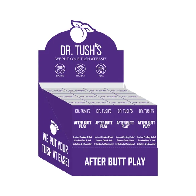 Dr. Tush's After Butt Play Purple 12-pack deep-purple counter display filled with cartons