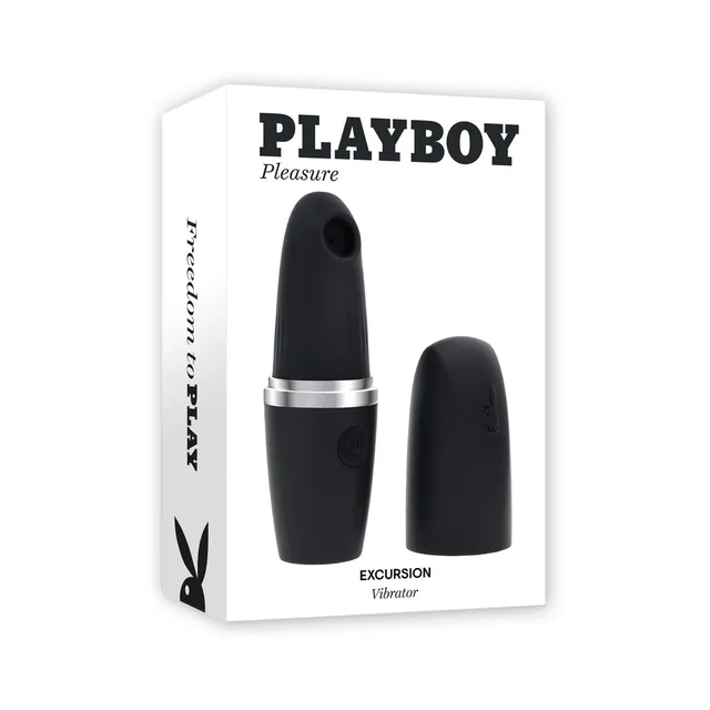 Playboy Excursion 2AM black suction vibrator and cap beside white box