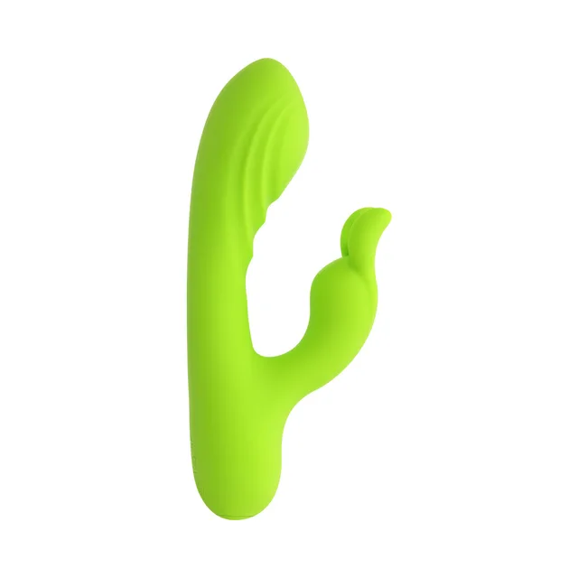 Left profile of bright-green Brat Bunny dual-arm vibrator