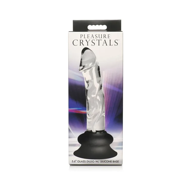 clear Pleasure Crystals glass dildo with black base in window box