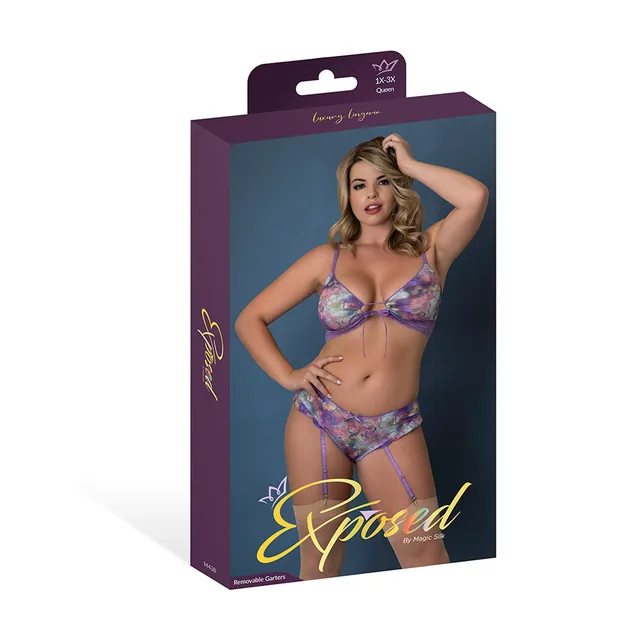 Magic Silk Wisteria Mist purple floral bralette set Queen displayed in purple retail packaging