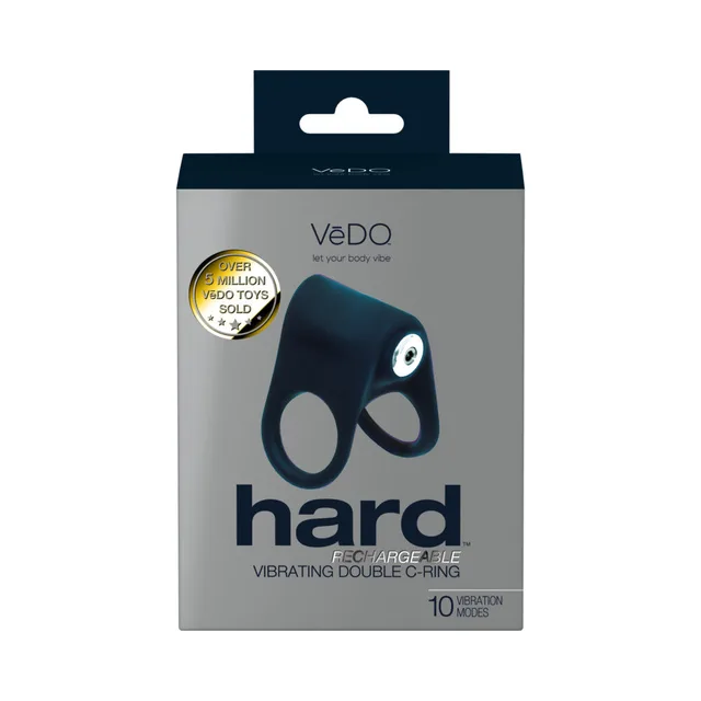 black VeDO Hard double C-ring vibrator displayed inside a gray and black retail box