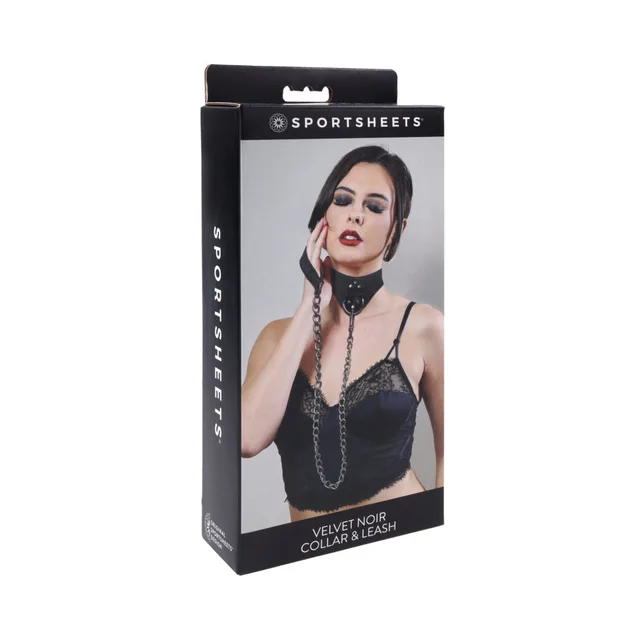 Sportsheets Velvet Noir black collar and chain leash in box
