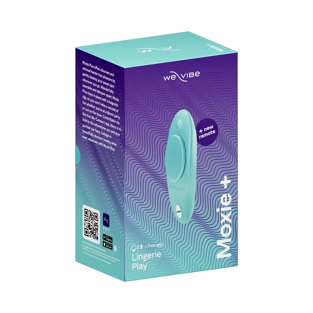 Teal We-Vibe Moxie Plus wearable vibrator on purple-and-teal box