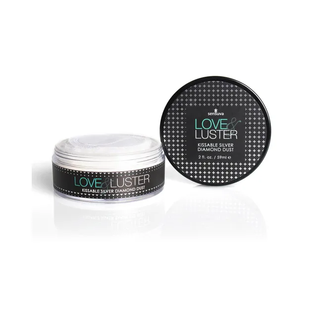 Sensuva Love and Luster Diamond Dust clear low jar with round black lid and teal label