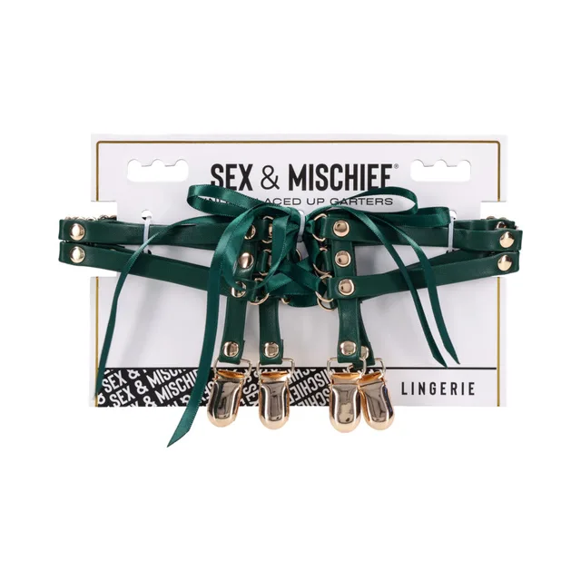 Green Sportsheets Indica laced-up garters with gold-tone stocking clips