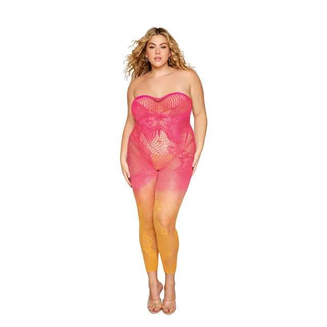 model wearing Queen-size pink-to-orange butterfly fishnet bodystocking