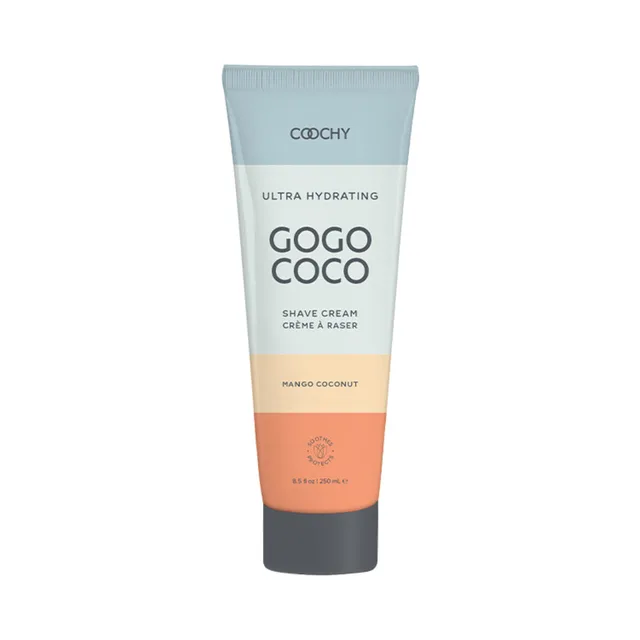 Coochy Mango Coconut shave cream in an 8.5 oz white tube