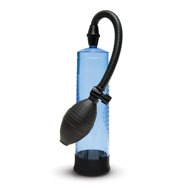Transparent blue Pumped Up cylinder with hose and squeeze bulb