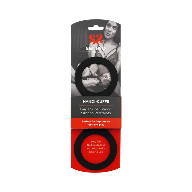 SEI MIO Handi-Cuffs Large black silicone restraints on hanging card