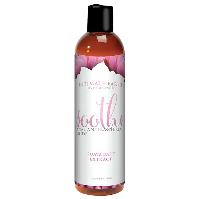 Intimate Earth Soothe 8 oz Glide tall 8 oz amber bottle with pink guava bark label