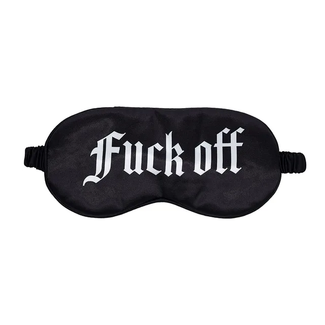 Black Ouch satin blindfold printed with white Fuck Off text