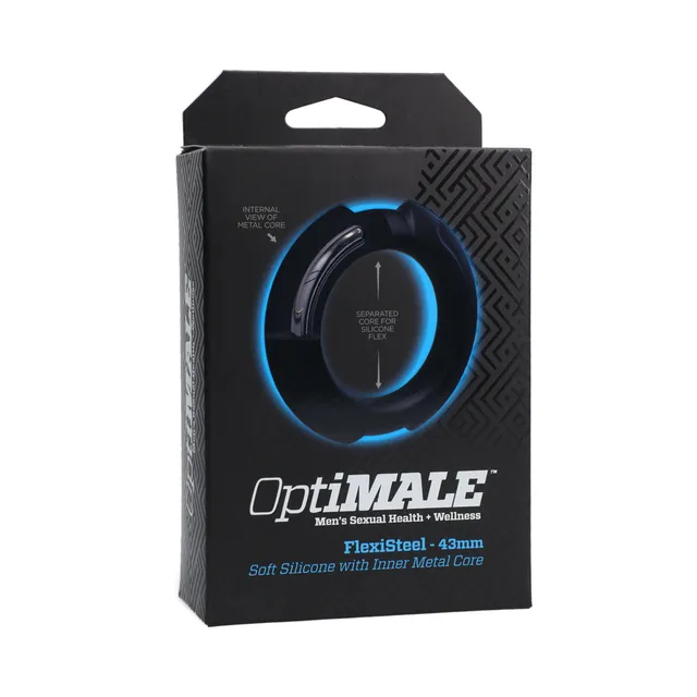 Doc Johnson OptiMALE black FlexiSteel ring displayed in black retail box