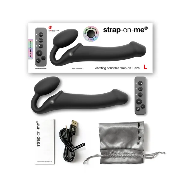 Black large Strap-On-Me set with remote, cable, pouch and box