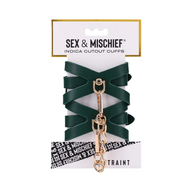 Green Sportsheets Indica cutout cuffs with gold buckles and connecting chain