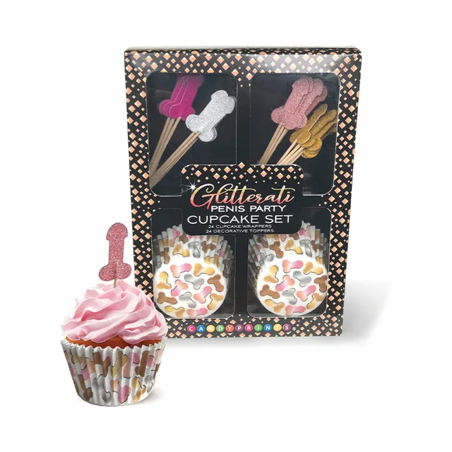 Glitterati cupcake set with patterned wrappers and glitter penis toppers