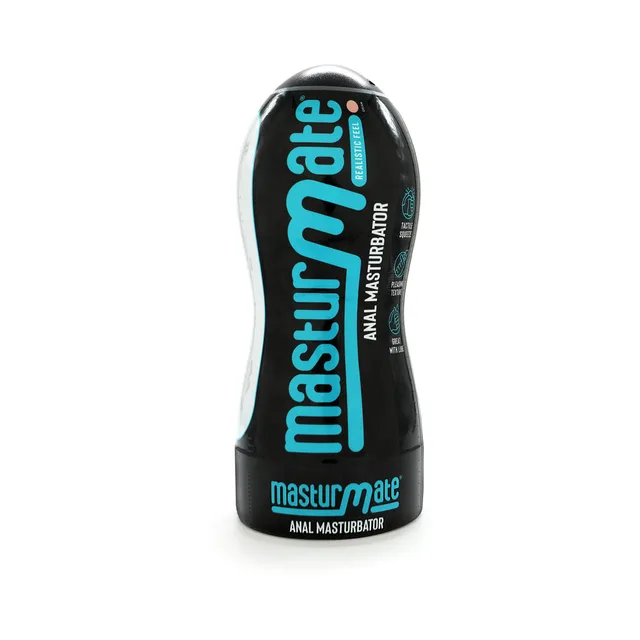 Front of black cream-variant Masturmate anal container with teal lettering