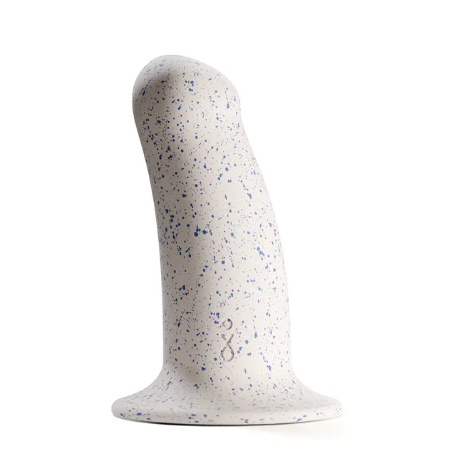 white Biird Boo dildo with blue flecks curved shaft and suction cup base