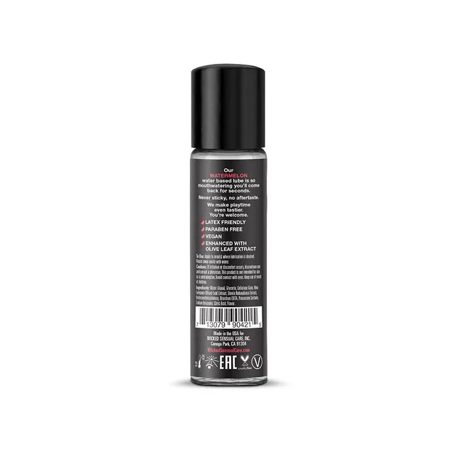 Wicked Aqua Watermelon 1 oz lubricant back of slim black bottle with white information panel and barcode