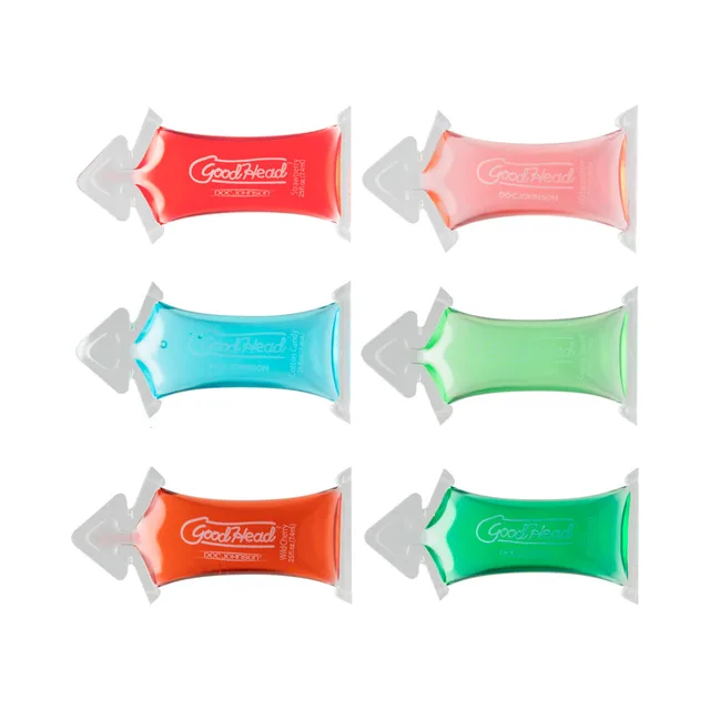 Six GoodHead Mini Paks in red pink blue orange and green wrappers
