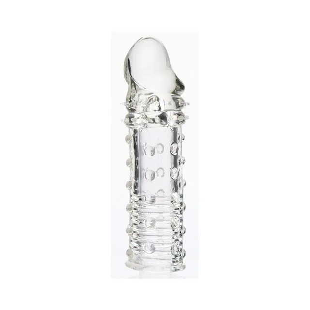 Adam & Eve clear textured 2-inch extension full side view of ribbed and nubbed sleeve