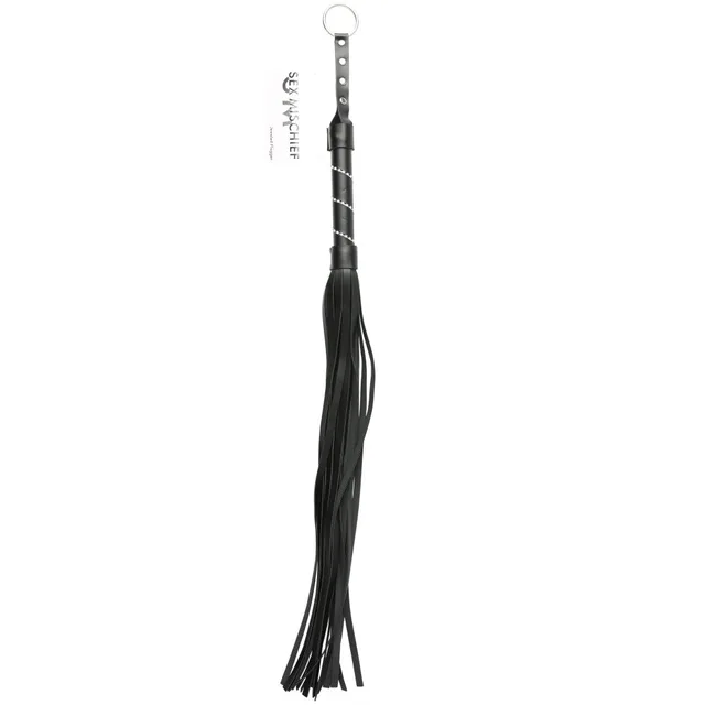 Black jeweled flogger with vinyl tails, silver bands, and hanging ring