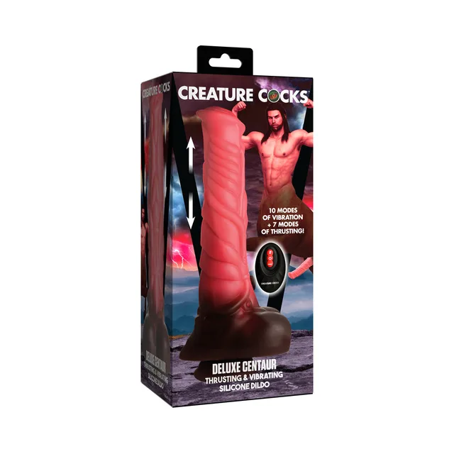 Creature Cocks Centaur peach thrusting dildo in tall black fantasy box with oval remote pictured