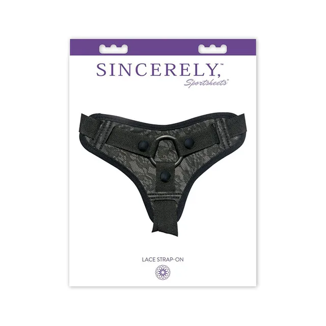 Sportsheets Sincerely black strap-on harness inside white-and-purple retail card
