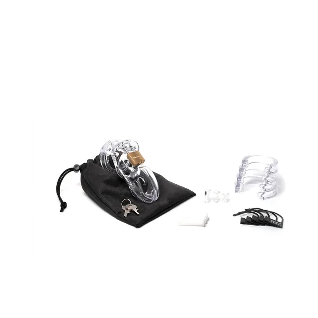 CB-3000 Clear Chastity Cage complete kit with pouch rings spacers and keys