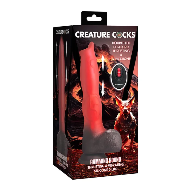 Creature Cocks Canine red thrusting dildo in black box with brown base and oval remote pictured