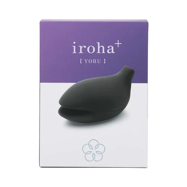 black split-tip TENGA iroha+ YORU vibrator pictured on its purple box
