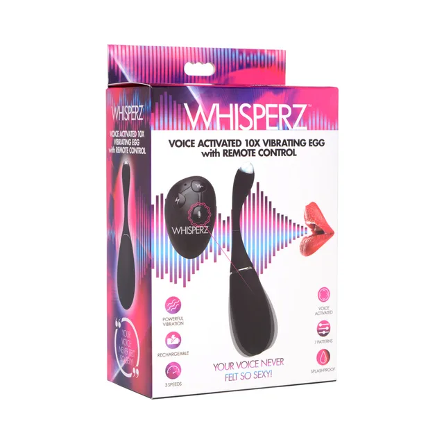 Black Whisperz vibrating egg and round voice remote on pink retail box