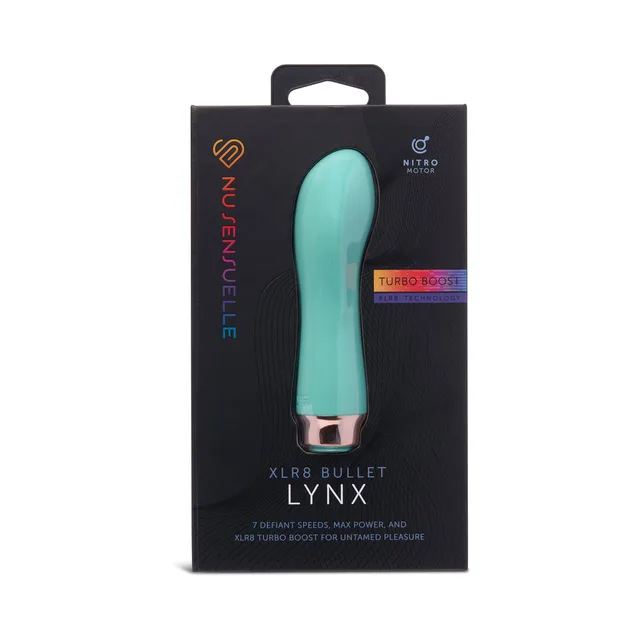Nu Sensuelle Lynx Tiffany-blue curved bullet vibrator in black box