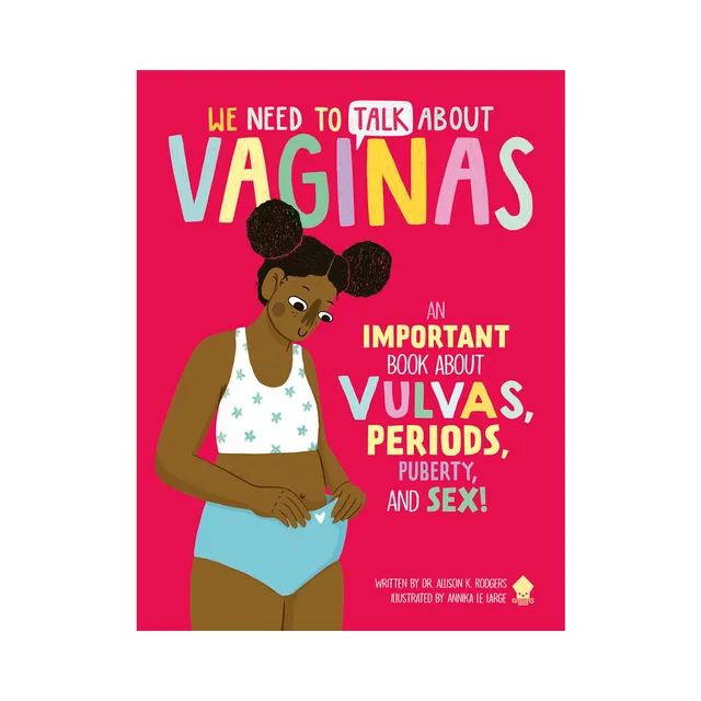 We Need to Talk About Vaginas illustrated book cover in pink, coral and teal