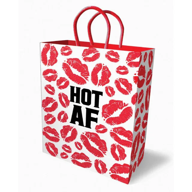 Hot AF white gift bag with red lip prints and rope handles