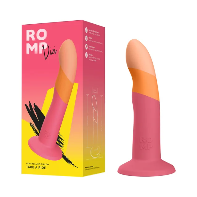 ROMP Dizi pink and orange curved dildo with flared base beside box