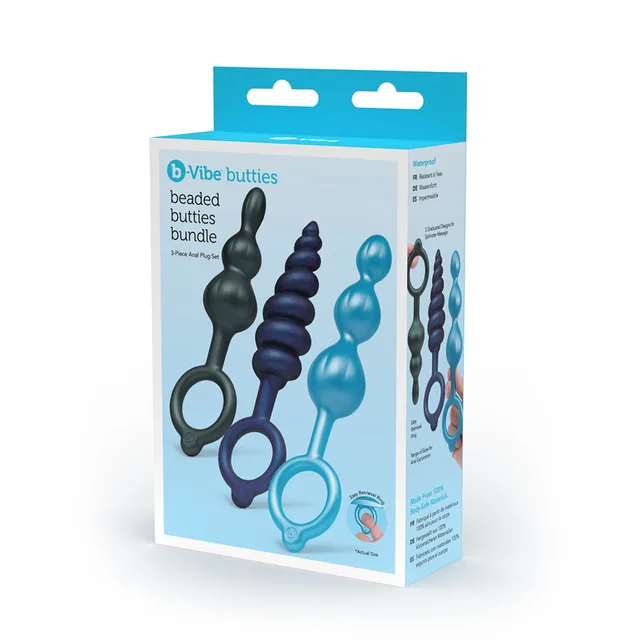 black purple and blue b-Vibe Beaded Butties three-piece plug set in box