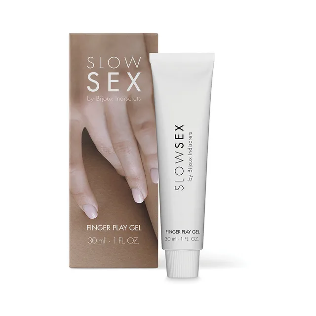 white Slow Sex Finger Play Gel tube beside a neutral carton with hand artwork