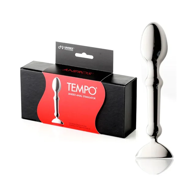 Aneros Tempo Stainless Steel Stimulator polished product beside black and red box