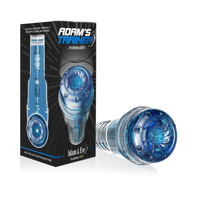 Adam's Trainer by Fleshlight blue masturbator beside black retail box