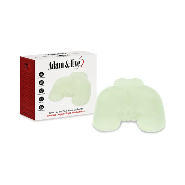 Adam & Eve green Peek-A-Booty stroker displayed beside white box