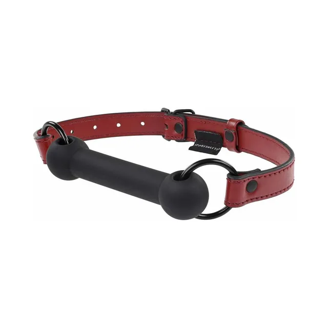 Angled view of red and black Saffron bit gag