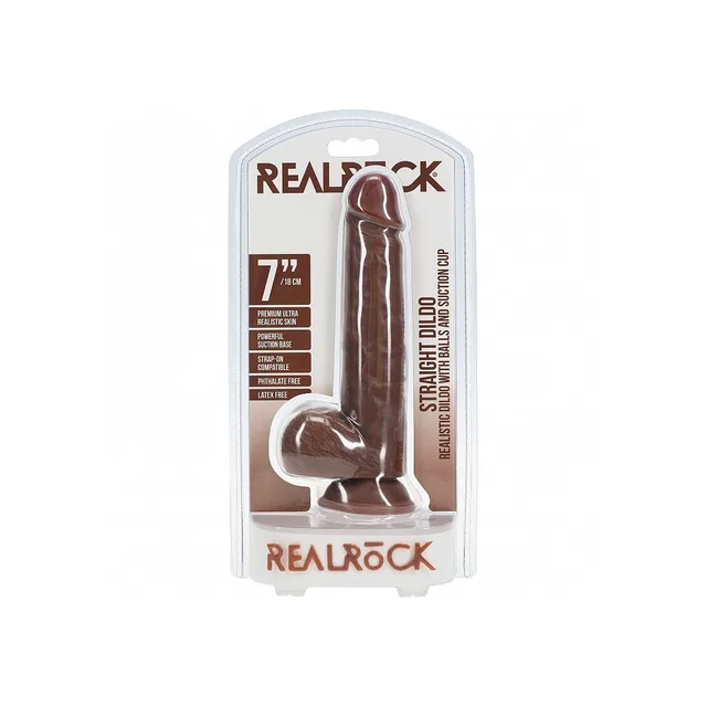 RealRock 7-inch straight brown dildo with balls in retail pack