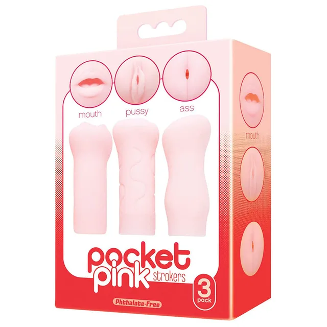 Pocket Pink box showing three light pink mini strokers with different openings
