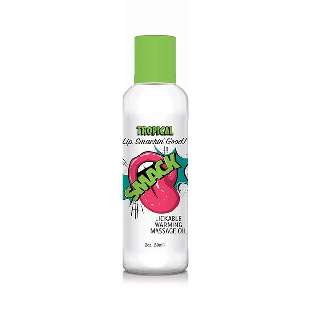 Smack Tropical massage oil in clear bottle with green cap