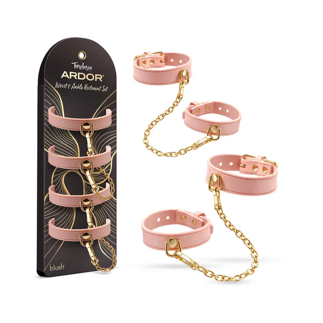 Temptasia Ardor pink wrist and ankle restraints with black retail display card
